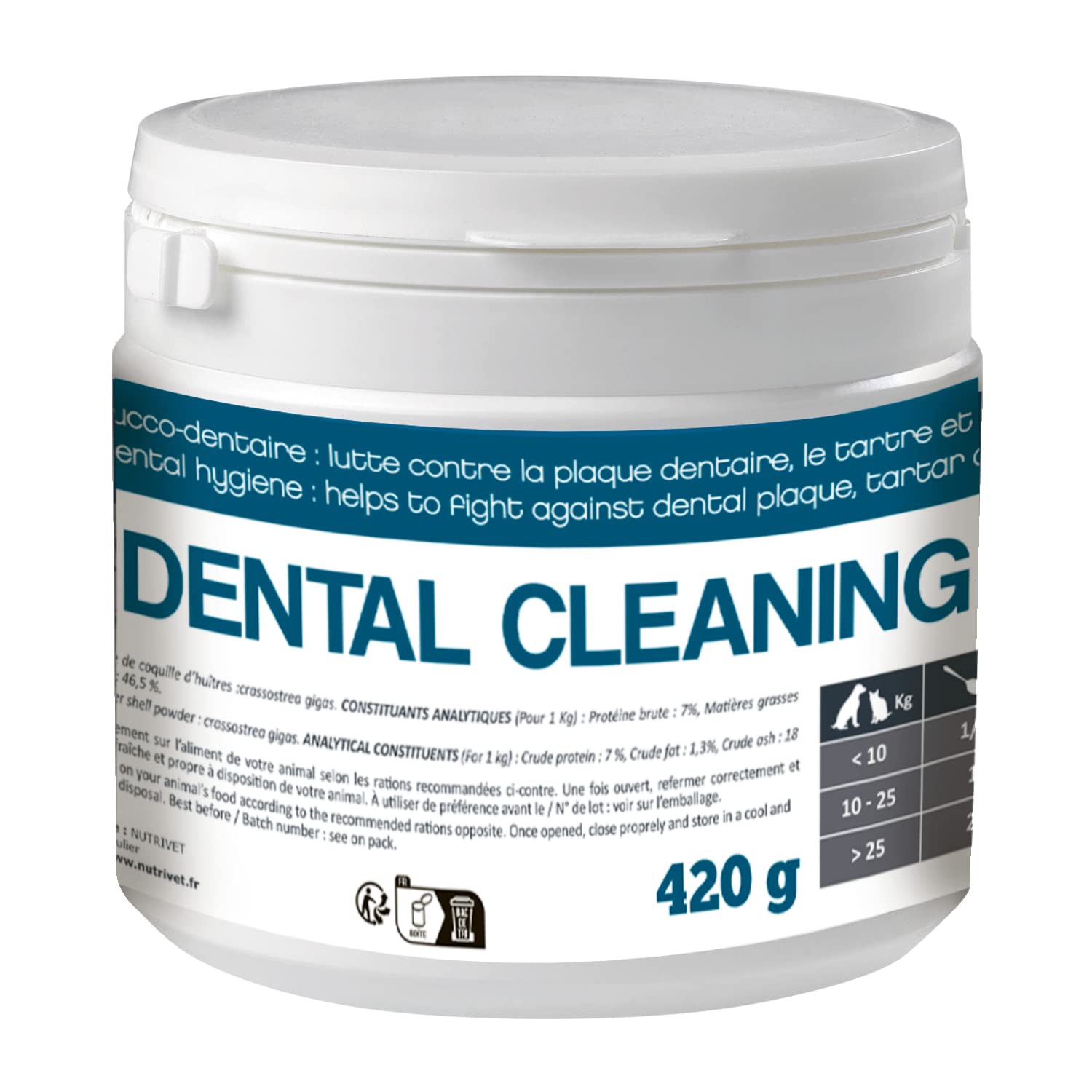 NUTRIVET - Suplemento de Comida - Dental Cleaning - Perros y Gatos - Limpieza Dental - Recipiente 420 g