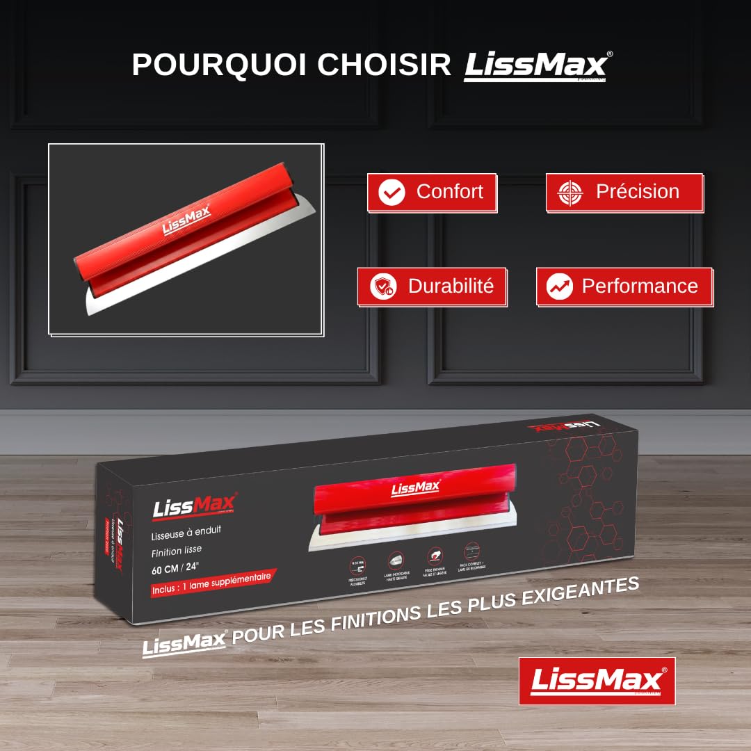 Lisseuse à Enduit 60 cm – Spatule Placo Professionnelle – Lame Inox Souple 0,3 mm – Kit avec Lame de Rechange – Poignée Ergonomique