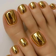 Gold Press on Toenails Chrome Toe Nail Press Ons Summer Plating Glue on Fake Toe Nails Short Square Summer Artificial Beach Full Cover False Toe Nails for Women 24Pcs in 12 Sizes