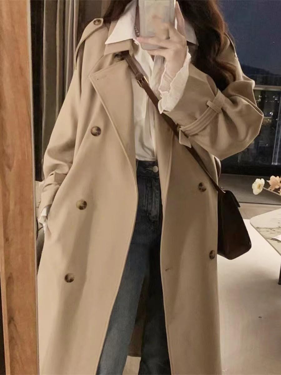 HSQIBAOER Women's Overcoats Khaki Spring Fall Long Trench Coat Korean Style Casual Jacket for Women