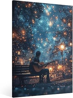 AVPHDTBK Starry Night Sky Framed Wall Art Canvas Man playing guitar under night sky Suitable for home decorating living rooms bedrooms bathrooms and offices