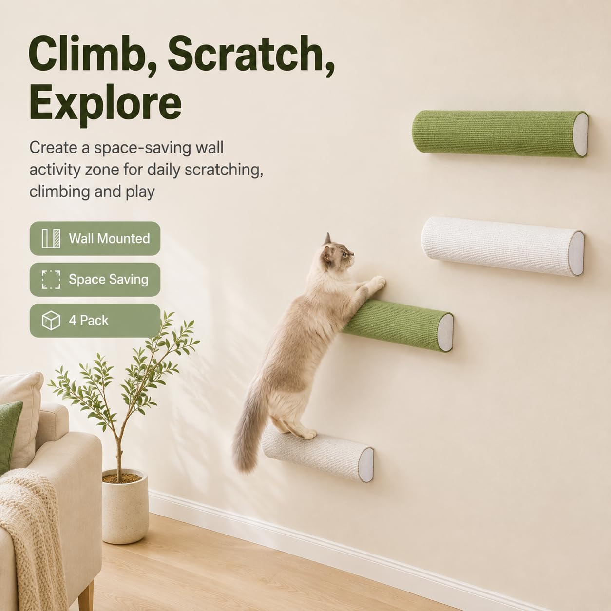Selbstklebende Katzen-Kletterstangen für Wand, 4er-Pack，Grau