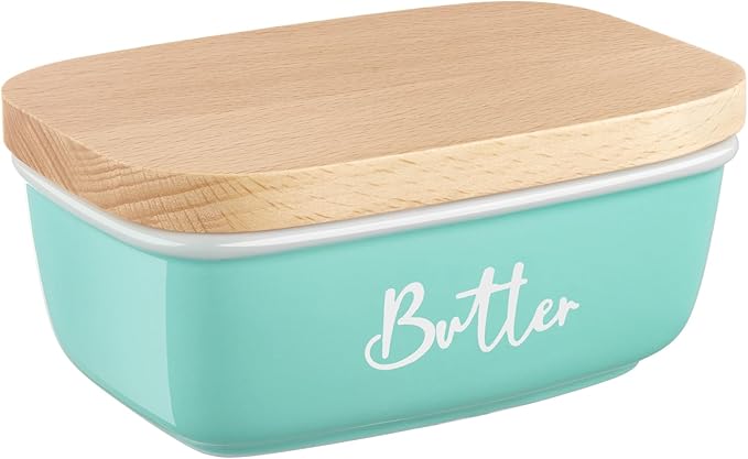 ALELION Turquoise Ceramic Butter Dish with Lid - Turquoise Kitchen Decor & Teal Kitchen Accessories for Countertop - Butter Keeper Container with Thick Beech Wood Lid - Cute Modern Farmhouse Decor