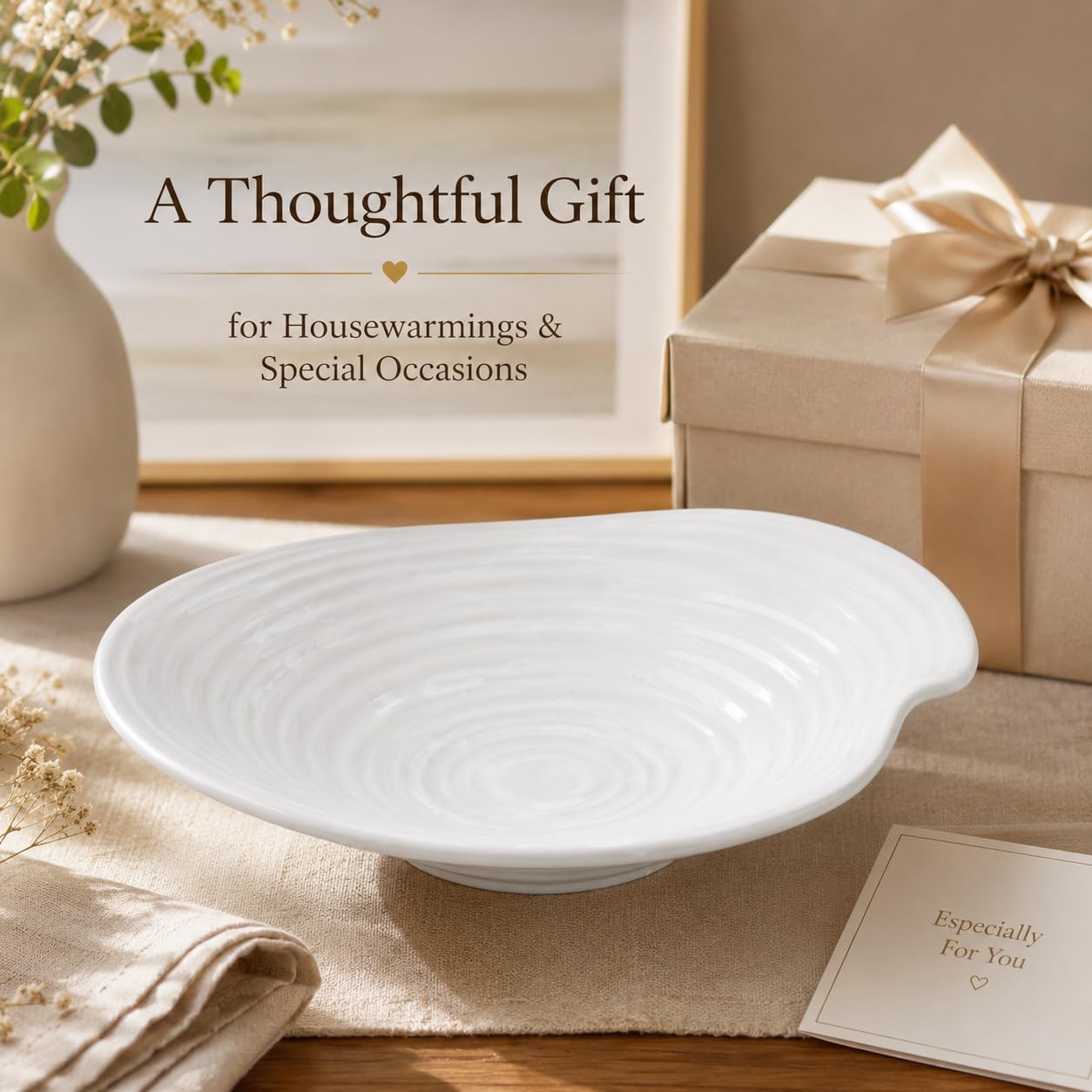 White Ceramic Decorative Bowl, Textured Centerpiece Bowl for Dining Table, Embossed Fruit Display Bowl for Kitchen Counter, Modern Decorative Bowl for Coffee Table, Entryway, Living Room Decor (S)