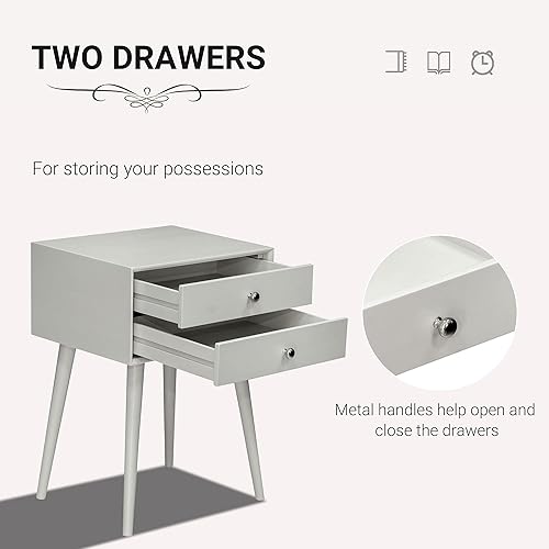 Miniatura 5 de HOMCOM Mesa auxiliar, moderna mesa auxiliar con 2 cajones extraíbles, mesita de noche con mesa de exhibición y patas de acacia sólidas, gris