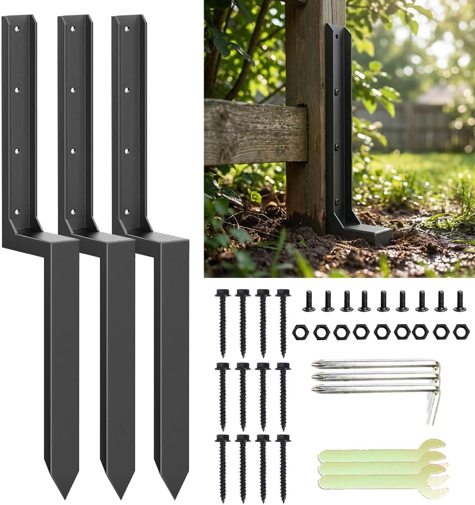 Fence Post Repair Kit, Upgraded Heavy Duty Steel Fence Post Anchor for Leaning or Broken Posts, Fence Post stabilizer with Screws & Tool (1)