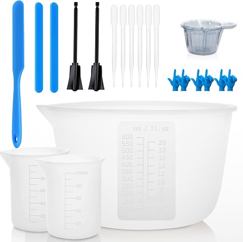 Tazas Medidoras de Silicona para Resina Epoxi, 600 ml y 100 ml, Varillas de Silicona para Agitar, Espátula, Paleta de Mezcla, Taza Dispensadora, Gotero y Guantes - Kit de Accesorios para Manualidades