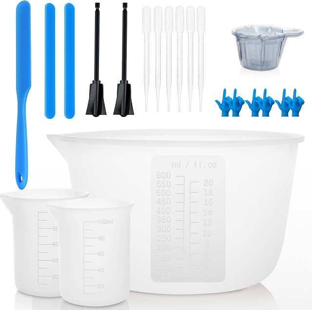 Tazas Medidoras de Silicona para Resina Epoxi, 600 ml y 100 ml, Varillas de Silicona para Agitar, Espátula, Paleta de Mezcla, Taza Dispensadora, Gotero y Guantes - Kit de Accesorios para Manualidades