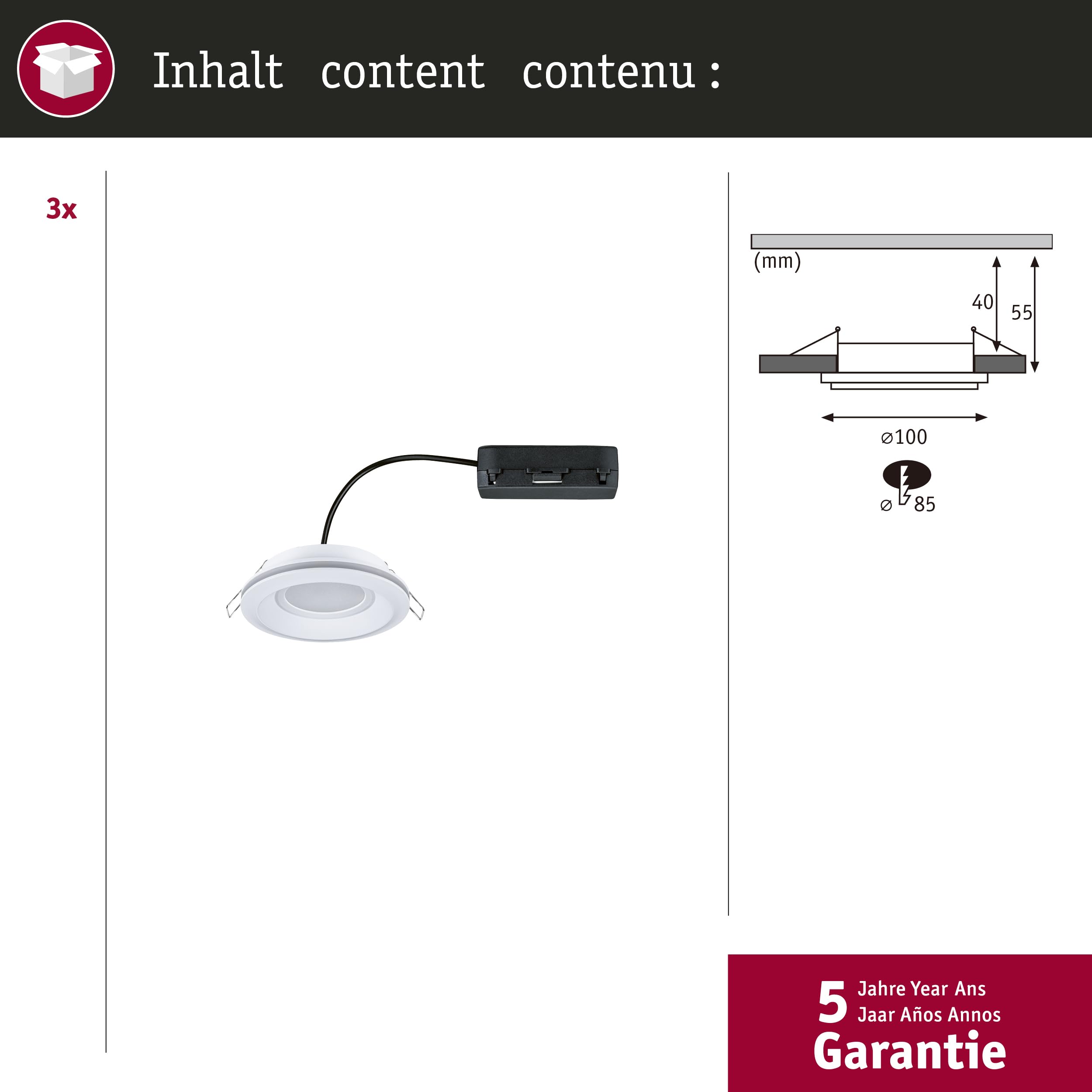 Paulmann 92248 LED Einbauleuchte Sormus IP65 rund 100mm 3x4,8/1,5W 560lm / 180lm 230V 3000K Weiß