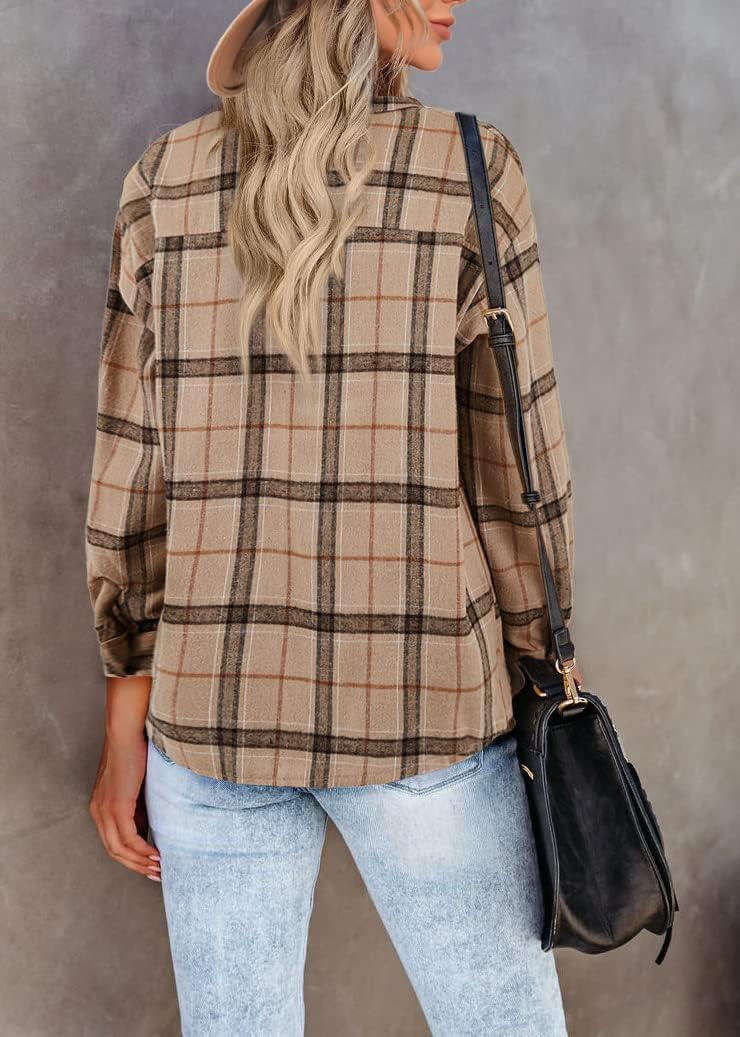Womens Long Sleeve Plaid Shirts Flannel Collared Button Down Shackets Casual Rolled Up Boyfriend Blouses Top - Image 2