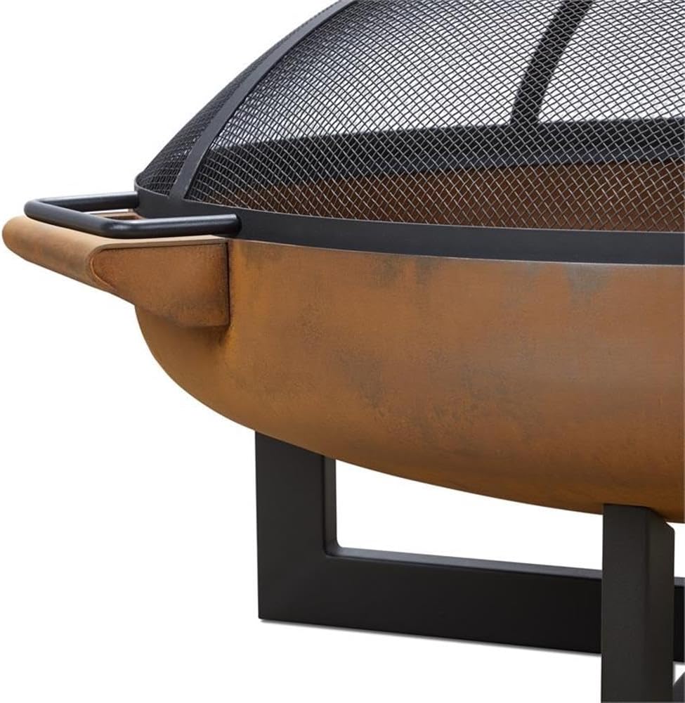 Bowery Hill Durable Steel Outdoor Fire Pit, 37 in Round Rust Brown Bowl, Weather-Resistant Powder-Coated Base, Includes Spark Screen, Log Grate, Poker, and Cover, Contemporary Patio or Backyard Use