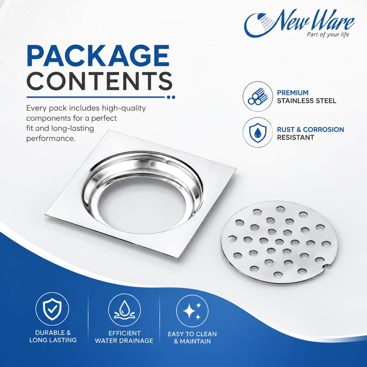 NEW WARE® Square 4x4 Inch Stainless Steel Bathroom Floor Drain Jali, Chrome Finish Anti Rust Heavy Duty Waste Water Grating, Shower Drain Cover, Kitchen Sink Strainer, Balcony Floor Trap Cover, Silver — Amazon image 5