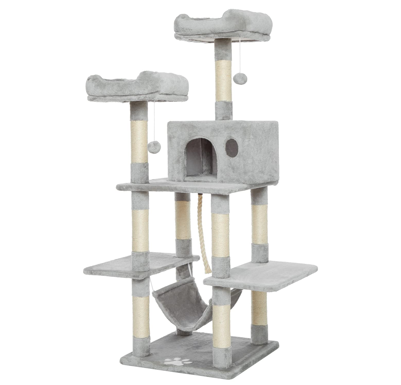 Meerveil Tiragraffi per Gatti con 2 Palle, 145cm Tiragraffi Albero di Gatto con Graffiatoio Gatto Tiragraffi Giocattolo in Sisal Naturale, Grigio Chiaro