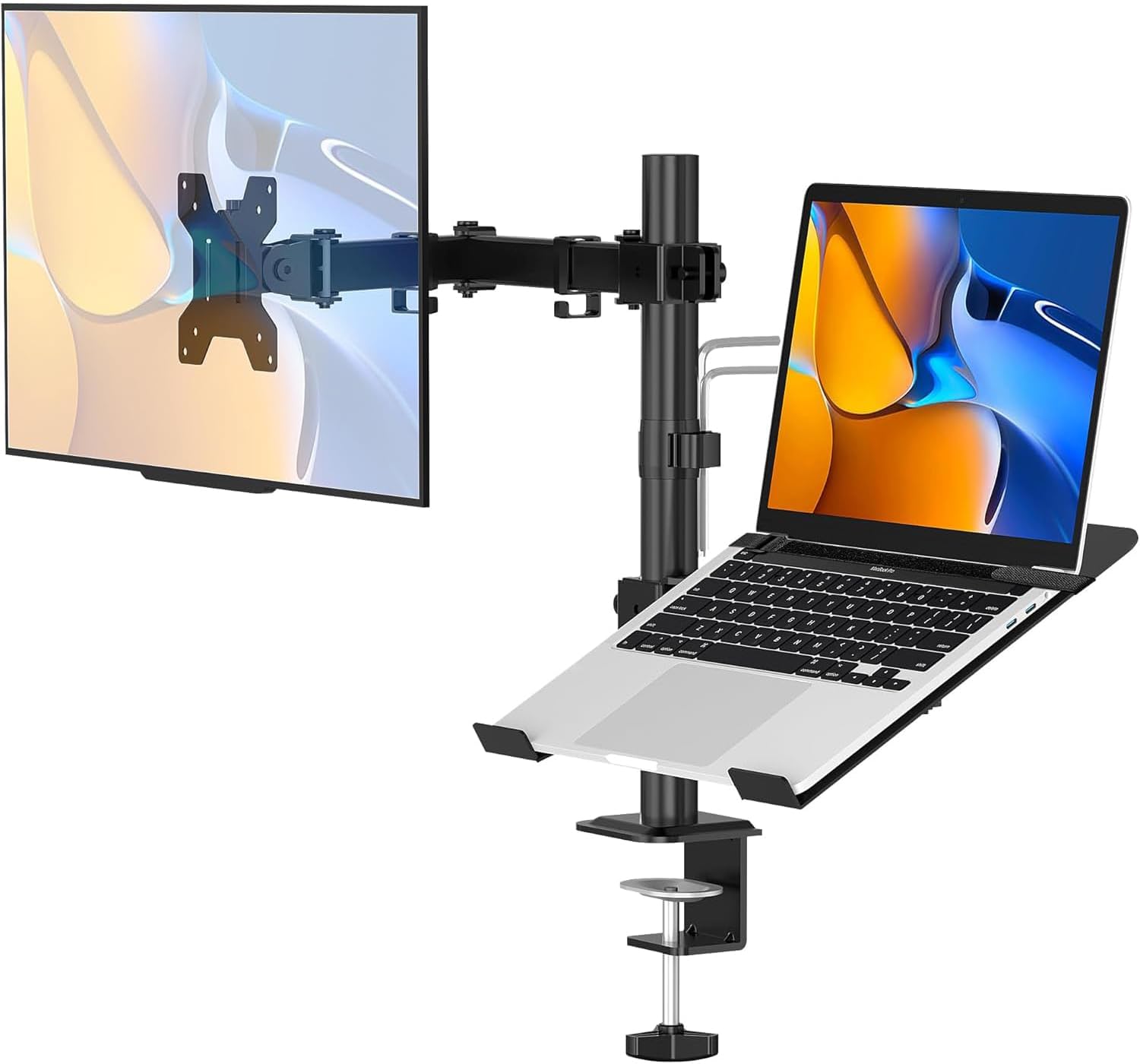 BAZIK Suporte Articulado para Monitor e Notebook – Braço Ajustável com Bandeja para Notebook até 17", Monitores de 13'' a 32'', Suporte para Monitor Duplo com Ergonômico com Organização de Cabos