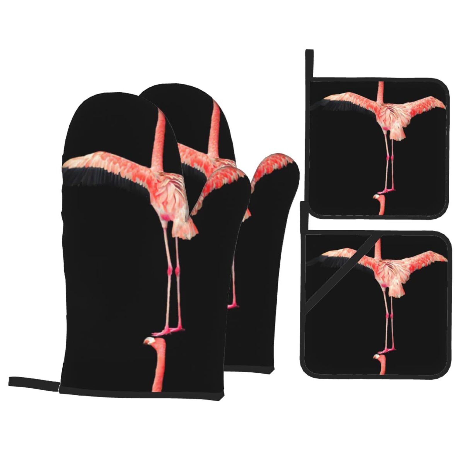 HJFCZH flamingo Prints Kitchen Throw Set: Durable Oven Layers with Waterproof Polyester – 4 Piece Heat Protection System
