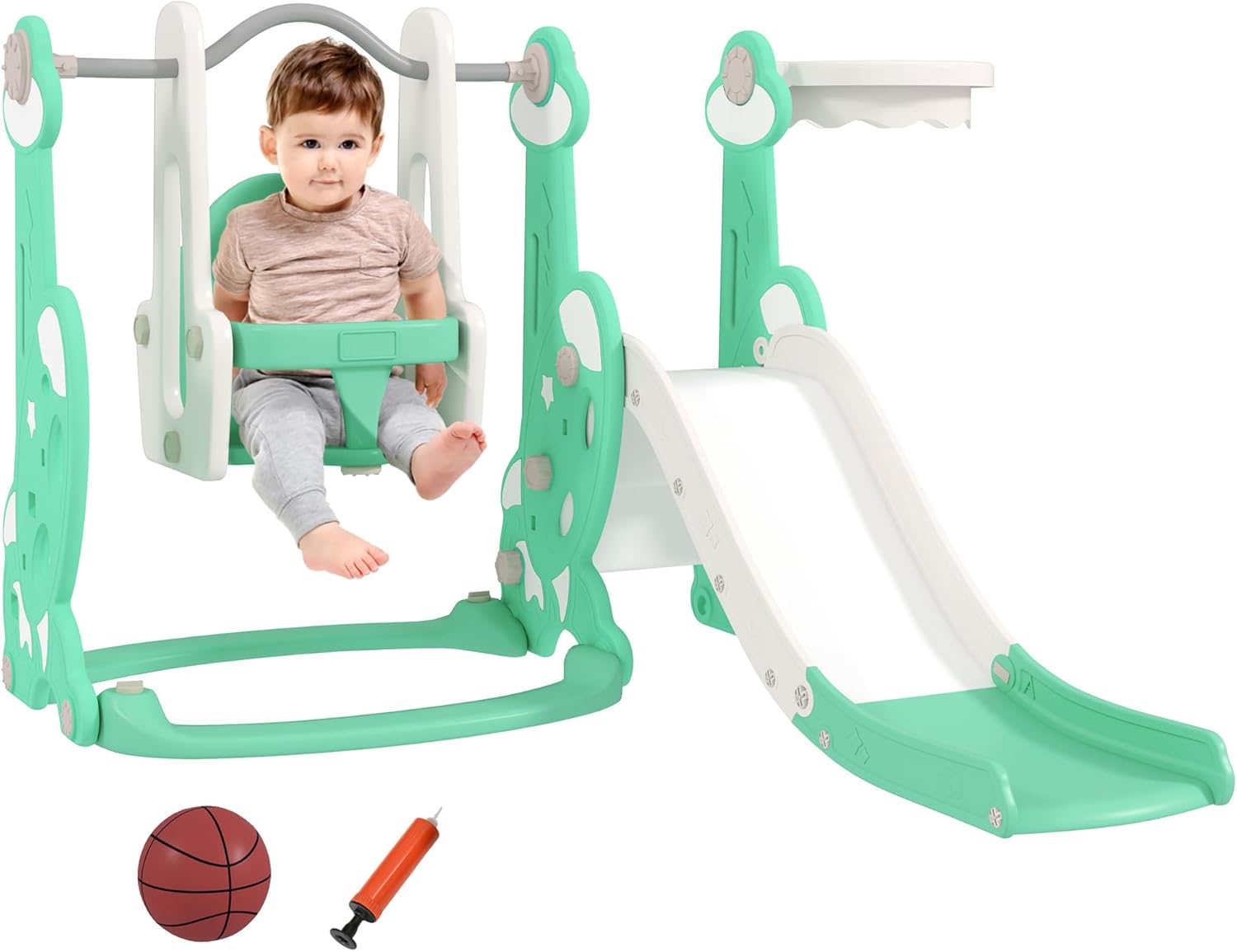 Qaba 4 in 1 Toddler Slide and Swing Set, Indoor Kids Slide for Ages 1.5-4, Toddler Playset Playground with Climber, Basketball Hoop, Rocket Themed, Green