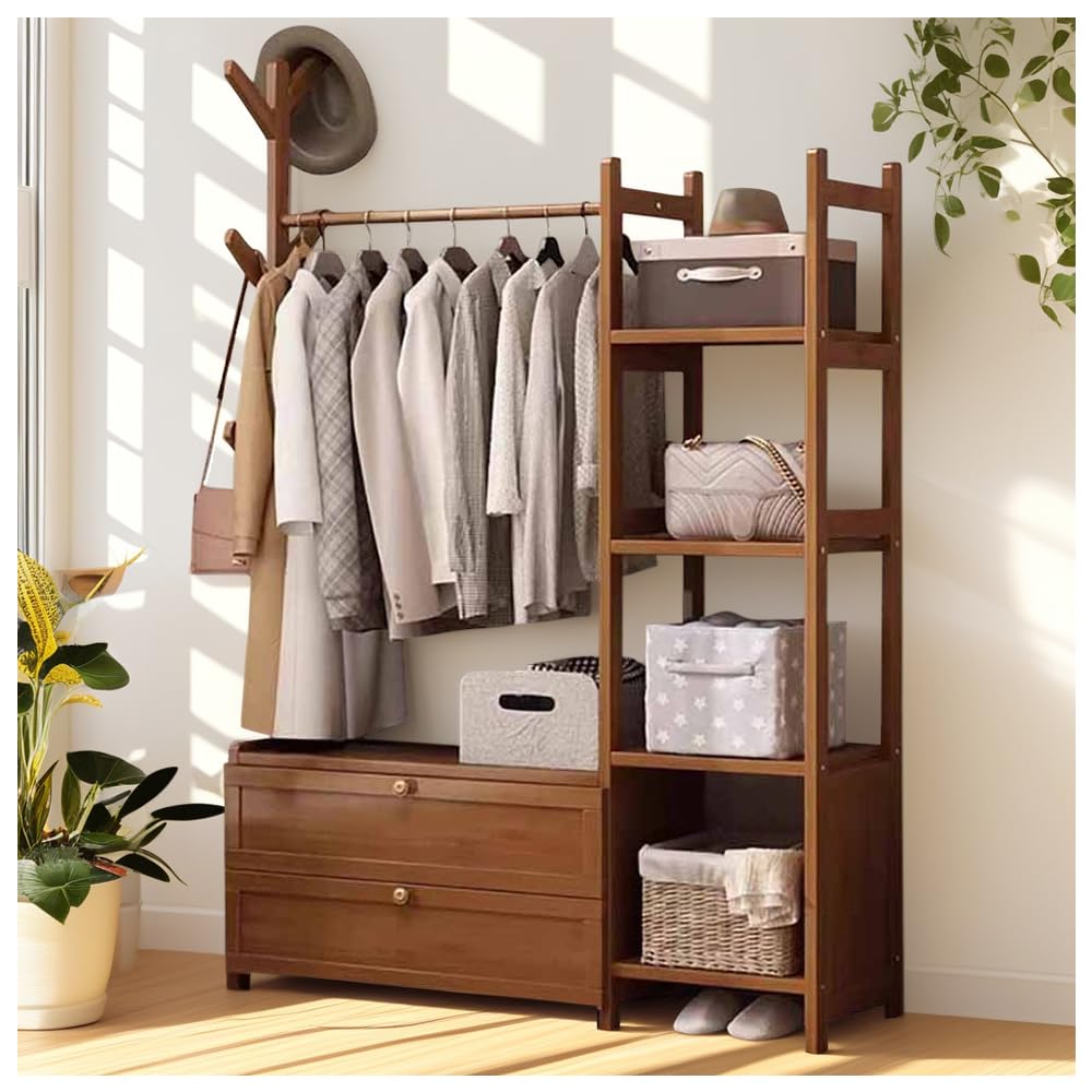 Bearqun Brown Wooden Coat Rack Stand, Coat Rack With Shoe Storage, With Shelves And Hooks, Aximum Load Of 100 Kg, Industrial Style, For Bedroom, Hallway And Entryway : 50/70/80/100Cmx30cmx158cm