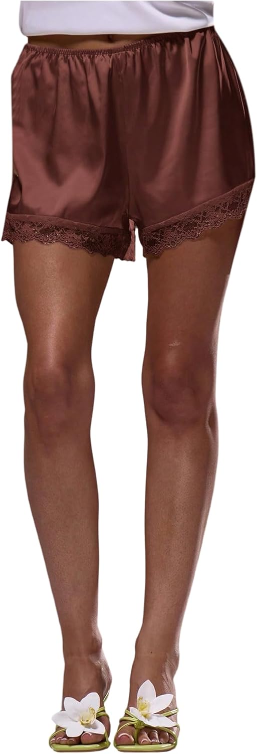 RoseSeek Women's Lace Trim Satin Shorts Shiny Elastic Waist Mini Shorts French Knickers