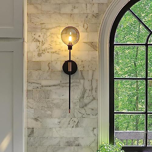 Image of KCO Lighting Modern Glass Globe Wall Sconce Light Set of Two Brass and Black Large Light Contemporary Smoke Glass Hallway Long Sconce Wall Light Set of 2
