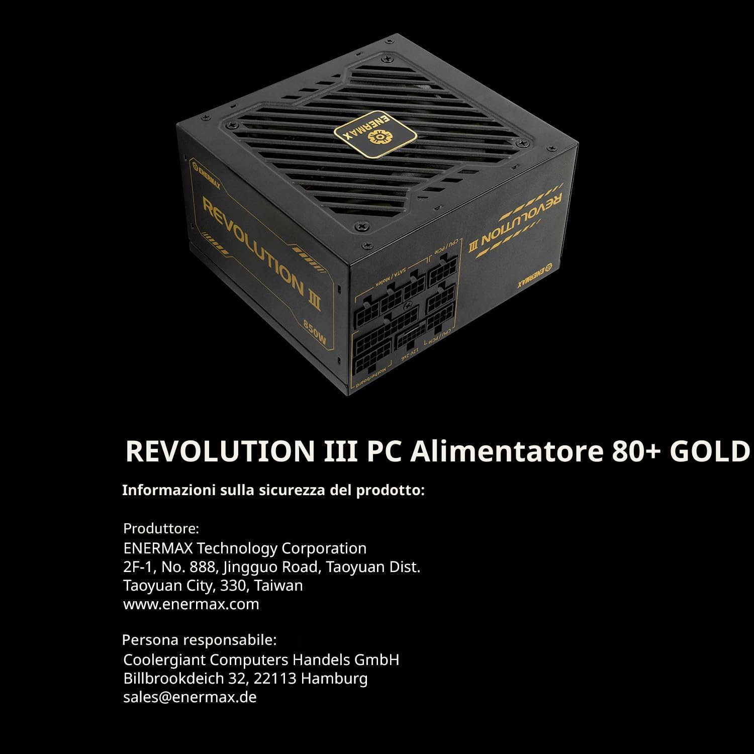 ENERMAX Revolution III 850 Watt | Alimentatore completamente modulare ATX 3.1 | PCIe 5.1 | 80 Plus Gold | ventola FDB silenziosa da 120 mm | Condensatori 105°C | ERV850G-AHG-MAC