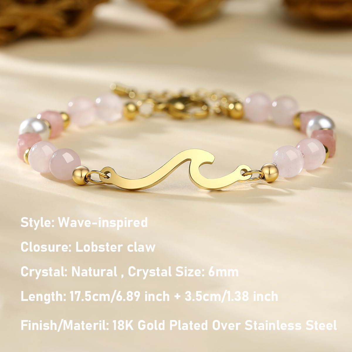 Quietsun Teens Girl Gift Teenage Her Women Birthday Gifts Ideas 12 14 16 Year Old Rose Quartz Protection Wave Bangle Bracelet Christmas Stocking Stuffers Valentines Day Easter