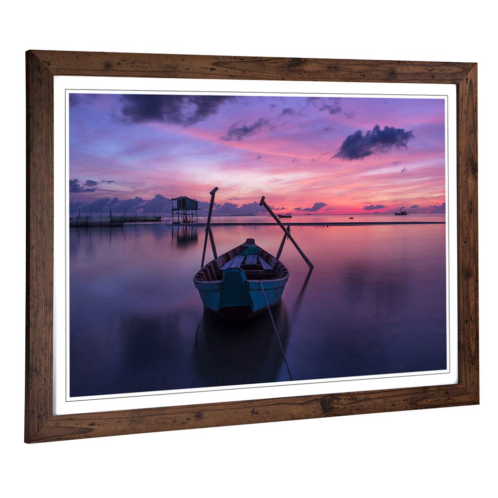 Big Box Art Framed Print of PHU QUOC Thailand Sunrise Rowing Boat Design | Wall Art Picture | Home Decor for Kitchen, Living Room, Bedroom, Hallway, Walnut, A2 / 24.5x18 Inch / 62x45cm