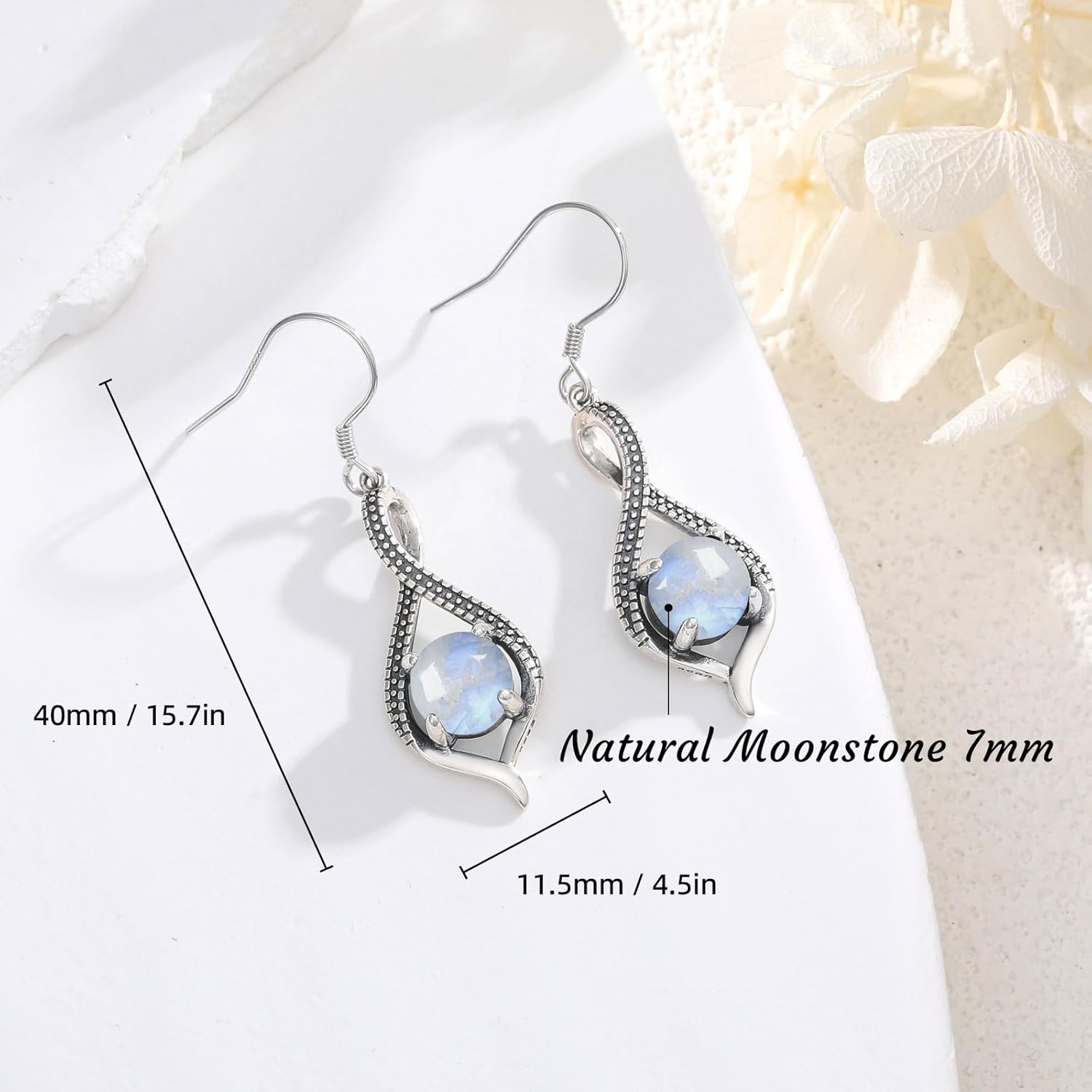 Natural Moonstone Dangle Earring for Women 925 Sterling Silver 7mm Round Shaped Blue Moonstone Earring Twisted June Birthstone Boho Jewelry