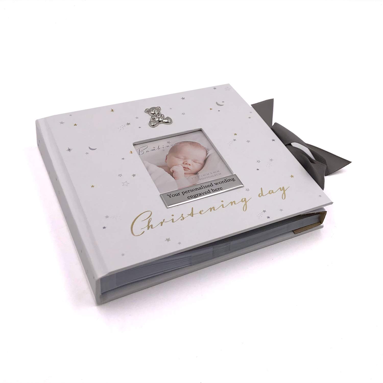 Ukgiftstoreonline White Personalised Christening Day Photo Album Gift With Raised Icons Boxed