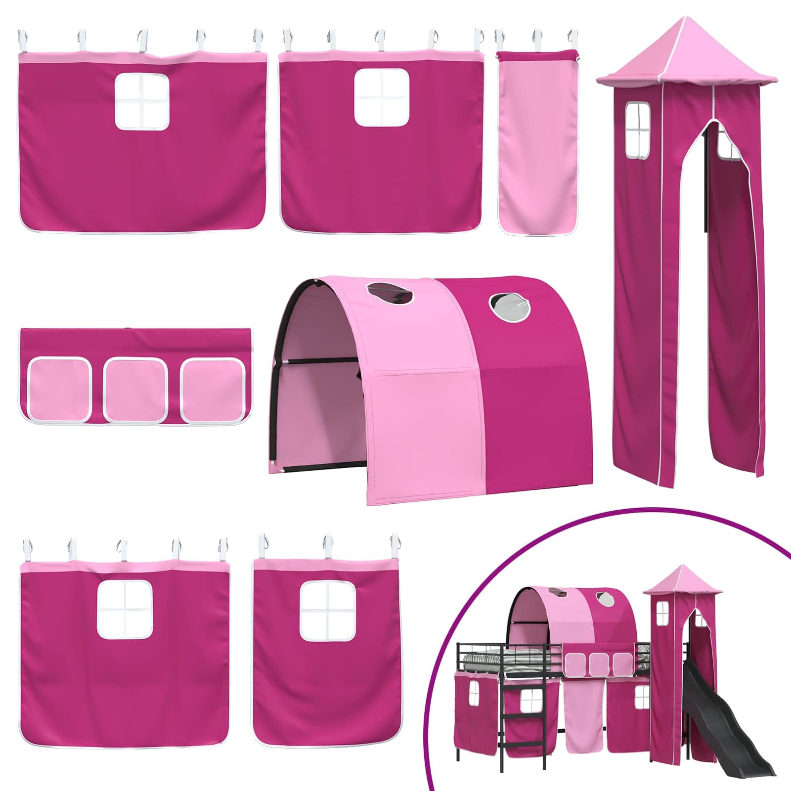 Kinderloftbett Metallbett Schwarz und Pink 80 x 200 cm mit Lattenrost und Matratze, Hochbett mit Vorhängen, Rutsche und Turm für Kinderzimmer, stabiles Bettgestell für Jugendzimmer