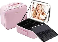 Necessaire de Maquiagem com Espelho LED, Maleta Organizadora de Viagem com Divisórias Removíveis, Ajuste de Brilho e Temperatura de Cor, Bateria 2000mAh USB, Estojo Feminino 26x23x9cm (Rosa)