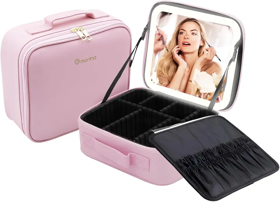 Morina Bolsa de Maquiagem com Espelho e luz LED de 3 cores, Organizador de Maquillaje, Dimmable Contínuo, Carregamento USB (Rosa)