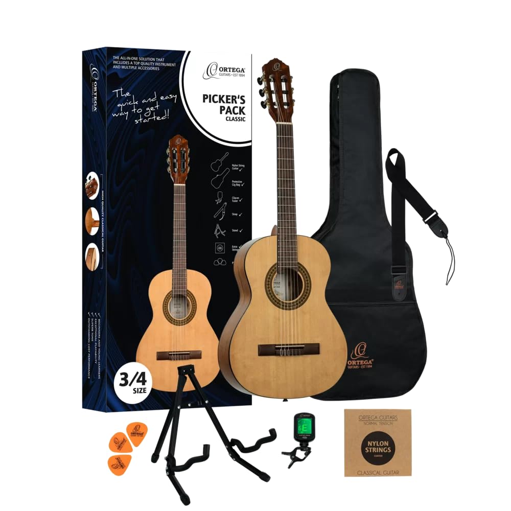 Ortega Guitars Konzertgitarre Einsteiger Set – Picker’s Pack – Inkl. Gigbag, Stimmgerät, Plektren, Gurt, Saiten, Ständer – Fichte, Katalpa, Natur (RPPC34)