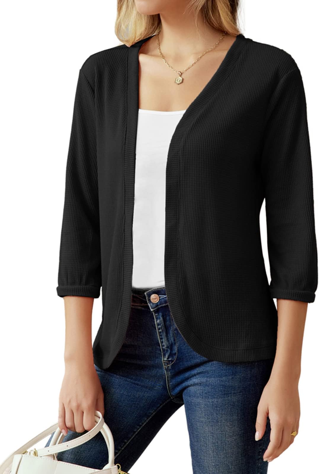 GRACE KARINWomen's Basic 3/4 Sleeve Open Front Waffle Knit Cropped Cardigan