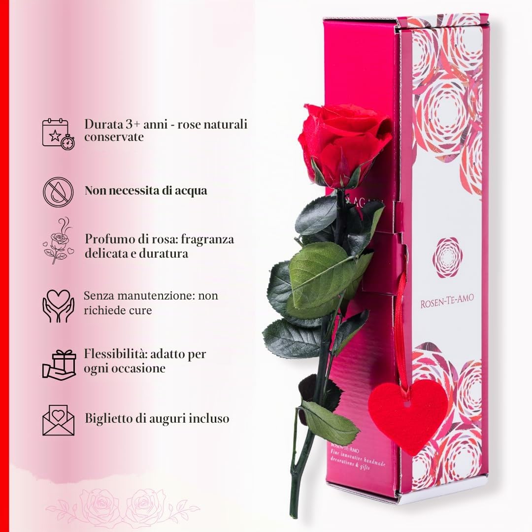 Rosen-Te-Amo | regalo Festa della Mamma | Rosa vera stabilizzata profumata "San Valentino" e biglietto auguri | Rosa eterna rossa | idea regalo compleanno, San Valentino, Natale | Regalo Donna