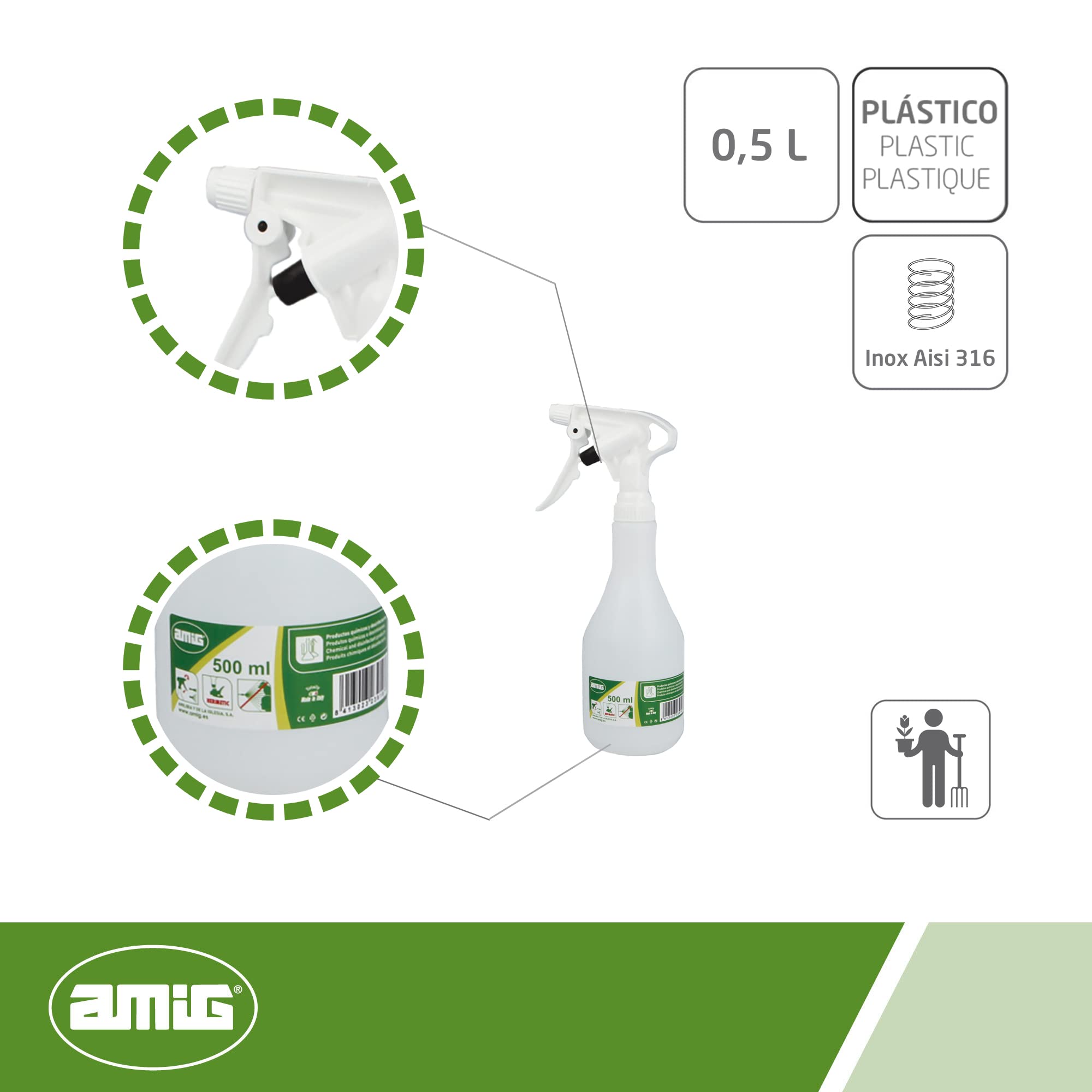 Image secondaire de Amig - Pulvérisateur Manuel pour pulvériser avec des Produits Chimiques | Mod.2080 | 0,5 Litre | Flacon nébuliseur pour Nettoyage