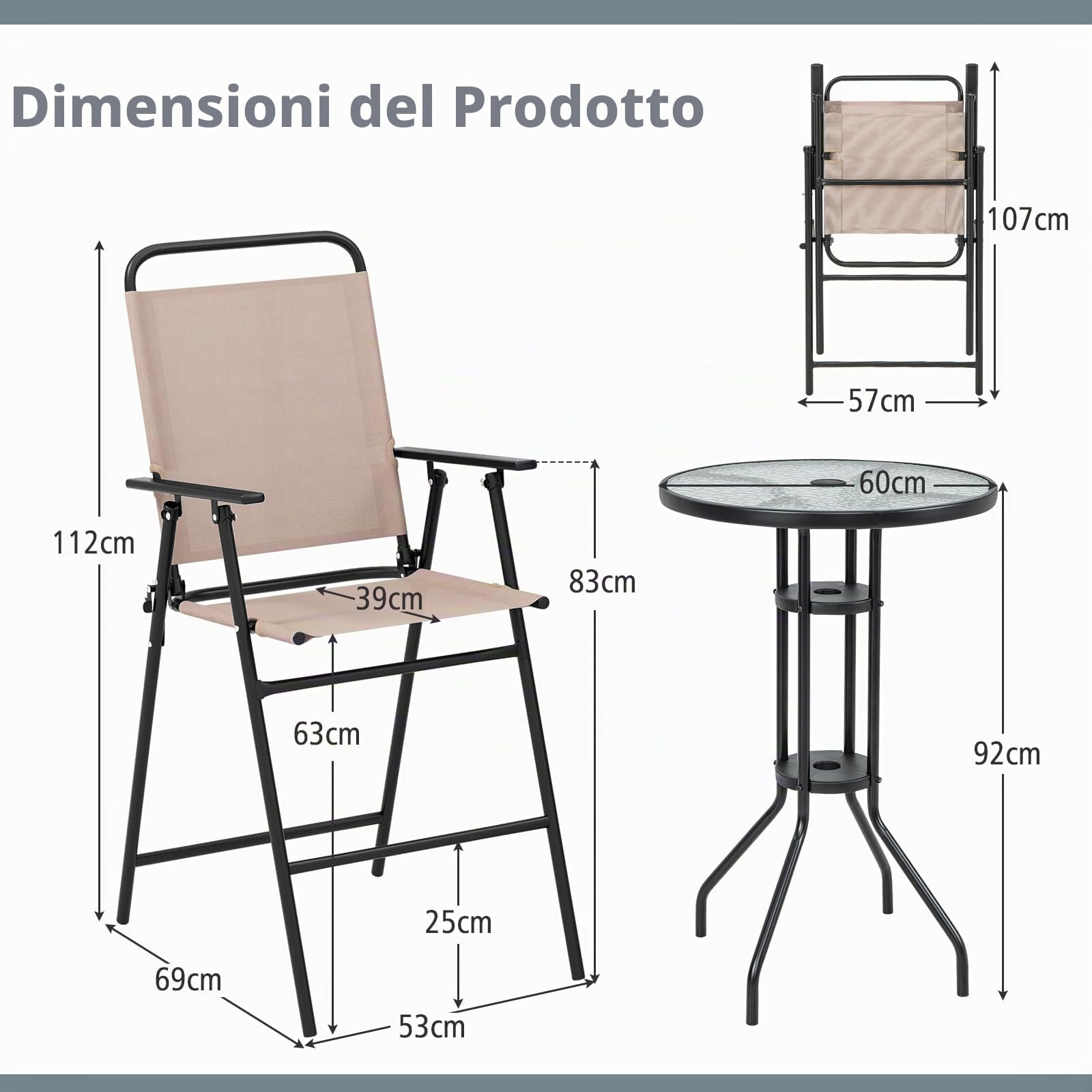 GIANTEX Set da Bistrò, Tavolo Alto Rotondo con Piano in Vetro e 2 Sedie Pieghevoli, Tessuto Traspirante, Set di Mobili per 2 Persone, per Balcone, Terrazza, Giardino (Senza Ombrellone)
