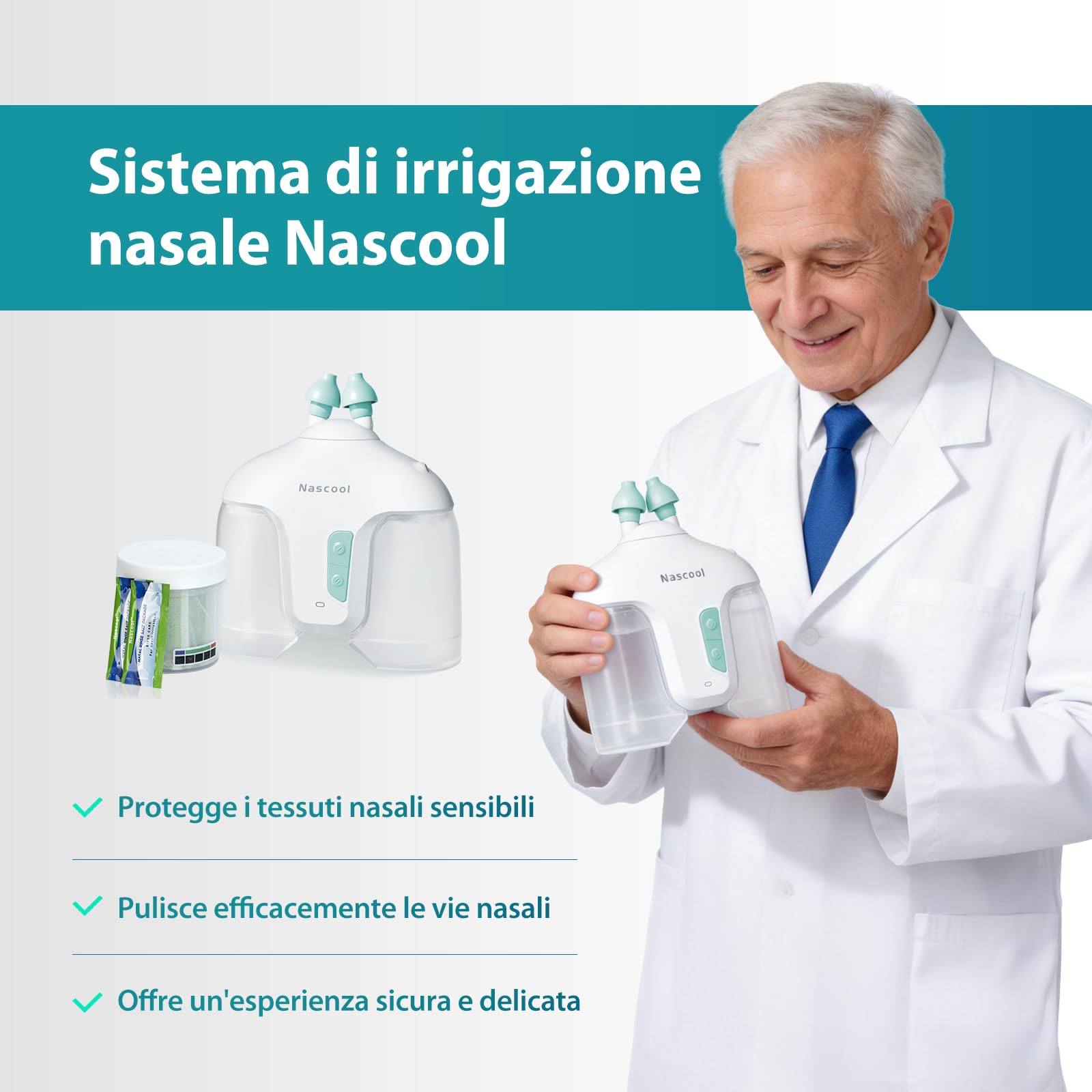 Nascool Sistema di irrigazione nasale elettrico per alleviare i sintomi dei seni adulti con 50 confezioni di soluzione salina, bianco