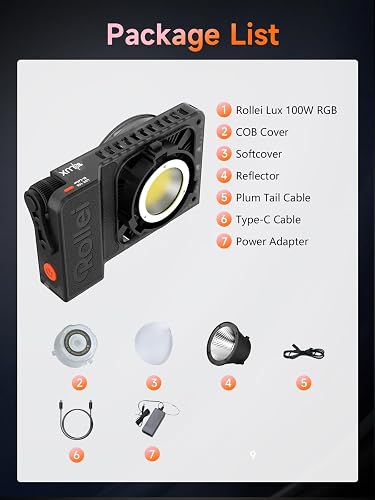 Rollei Lux 100 RGB LED Continuous Light with 100 W Power, Bi-Colour & RGB, Bluetooth Control, Includes Protective Cap, Power Supply, Reflector, Diffuser Ball and User Manual - 7