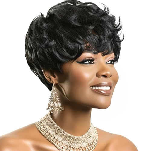 Black Pixie Cut Curly Wig with Bangs Short Pixie Cut