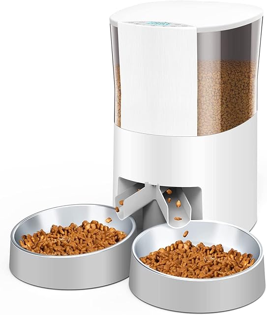 HoneyGuaridan 4.5L Automatic Cat Feeder for 2 Pets, Pet Food Dispenser for Cat and Dog with Two-way Dispenser, Portion Control, 10s Voice Recorder, up to 6 Meals a Day - Battery and Plug-in Power