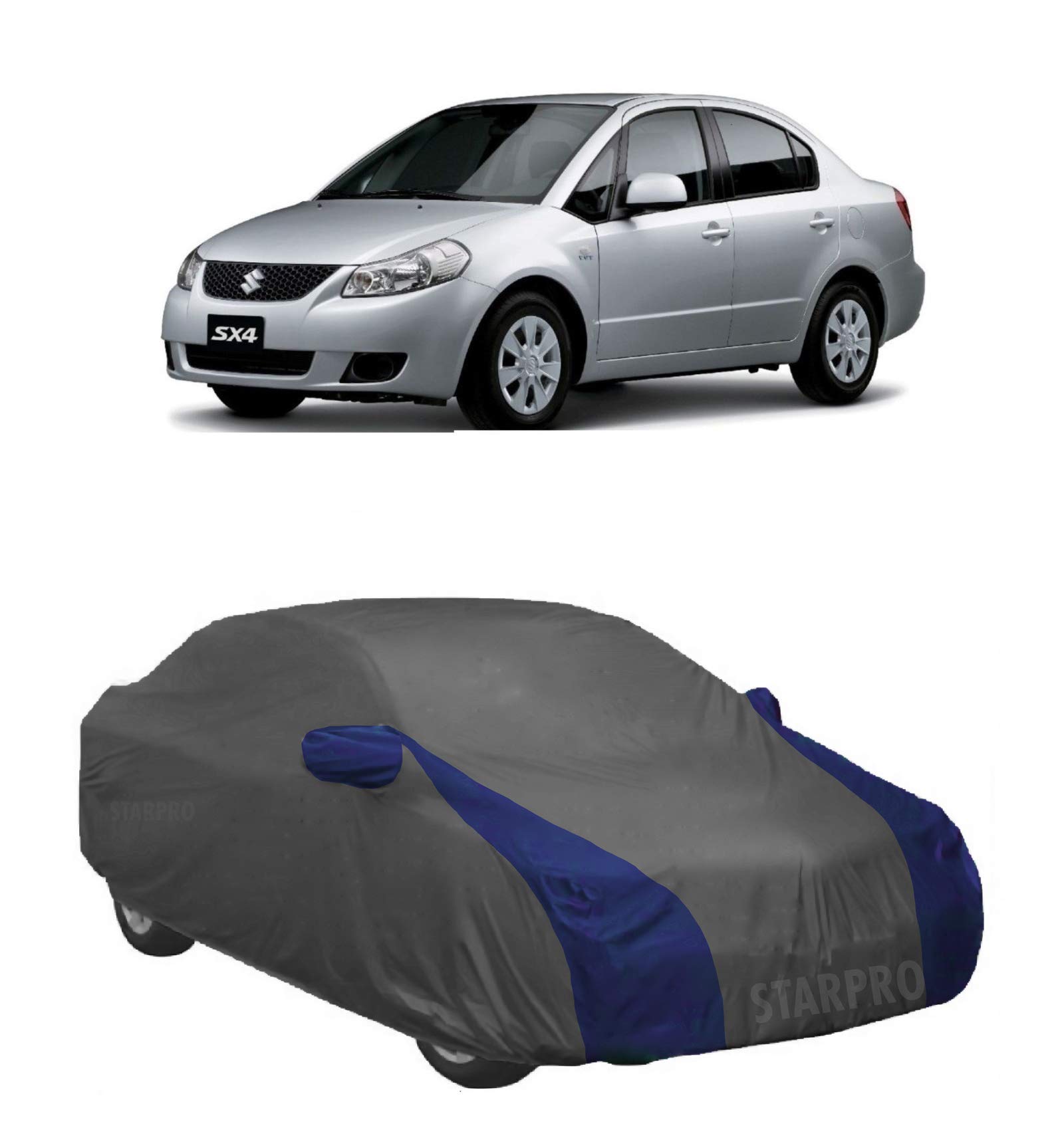 UV Proof All Weather Car Cover Compatible with Maruti Suzuki SX4 Water Resistant Car Cover (Grey & Blue Design with Mirror)|Car Accessories