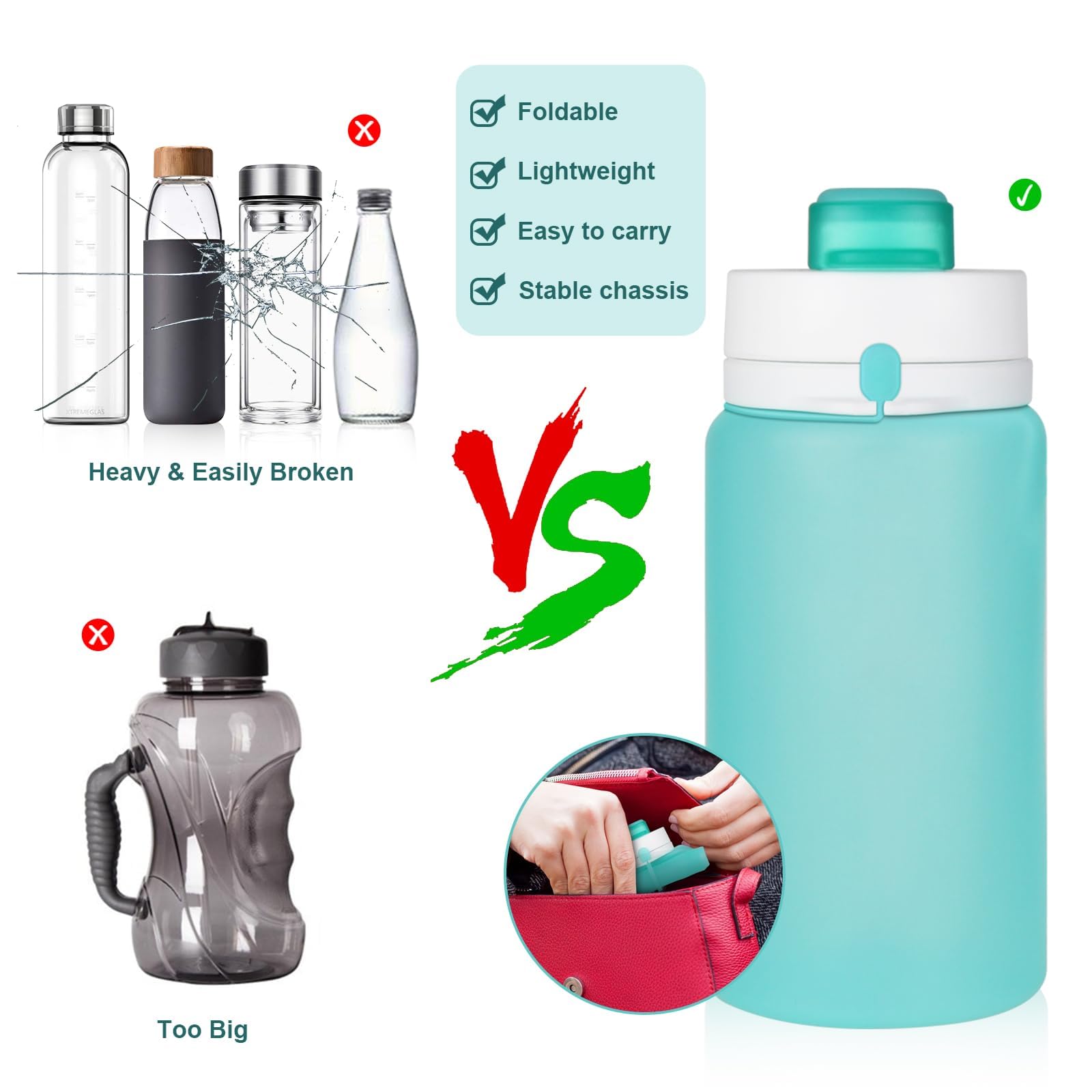 PLTCAT Faltbare Wasserflaschen, 540 ml, faltbare Silikon-Reiseflaschen | Grün, BPA-freies Silikon, auslaufsichere Deckel, spülmaschinenfest, Karabiner-Clips, kompaktes Roll-Up-Design
