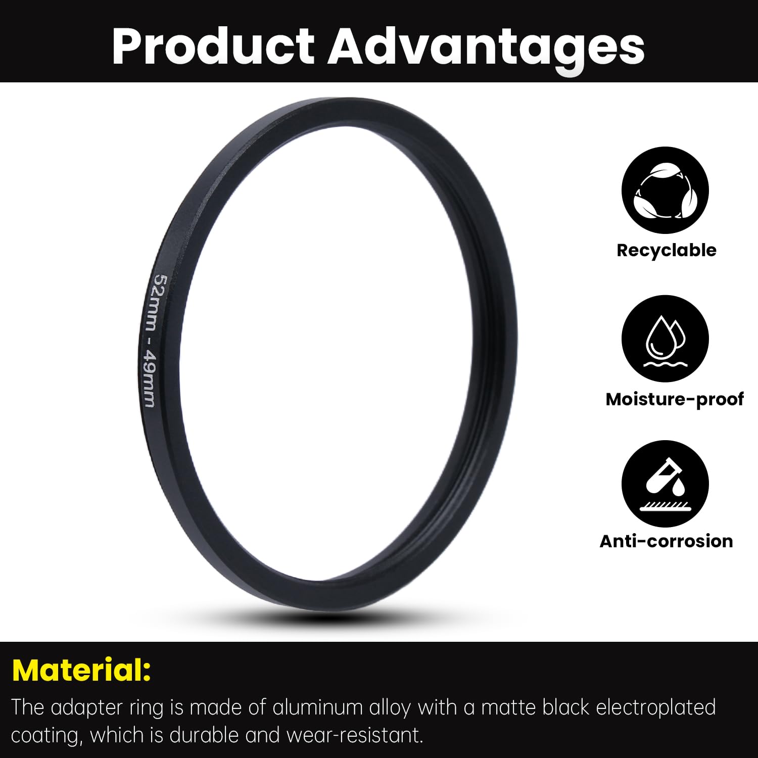 Adattatore per filtro ad anello in metallo, da 52 mm a 49 mm, anello in metallo, compatibile con tutti i filtri UV da 49 mm, CPL, ND, paraluce, lenti filettate, ecc