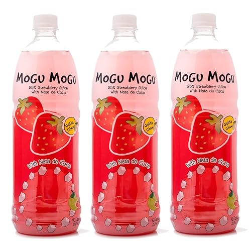 Paquete de 3 Cuchara medidora gratis Jugo Mogu Mogu con Nata De Coco  33.8 fl oz Tamaño Familiar Grande (Fresa), 10.8 fl oz