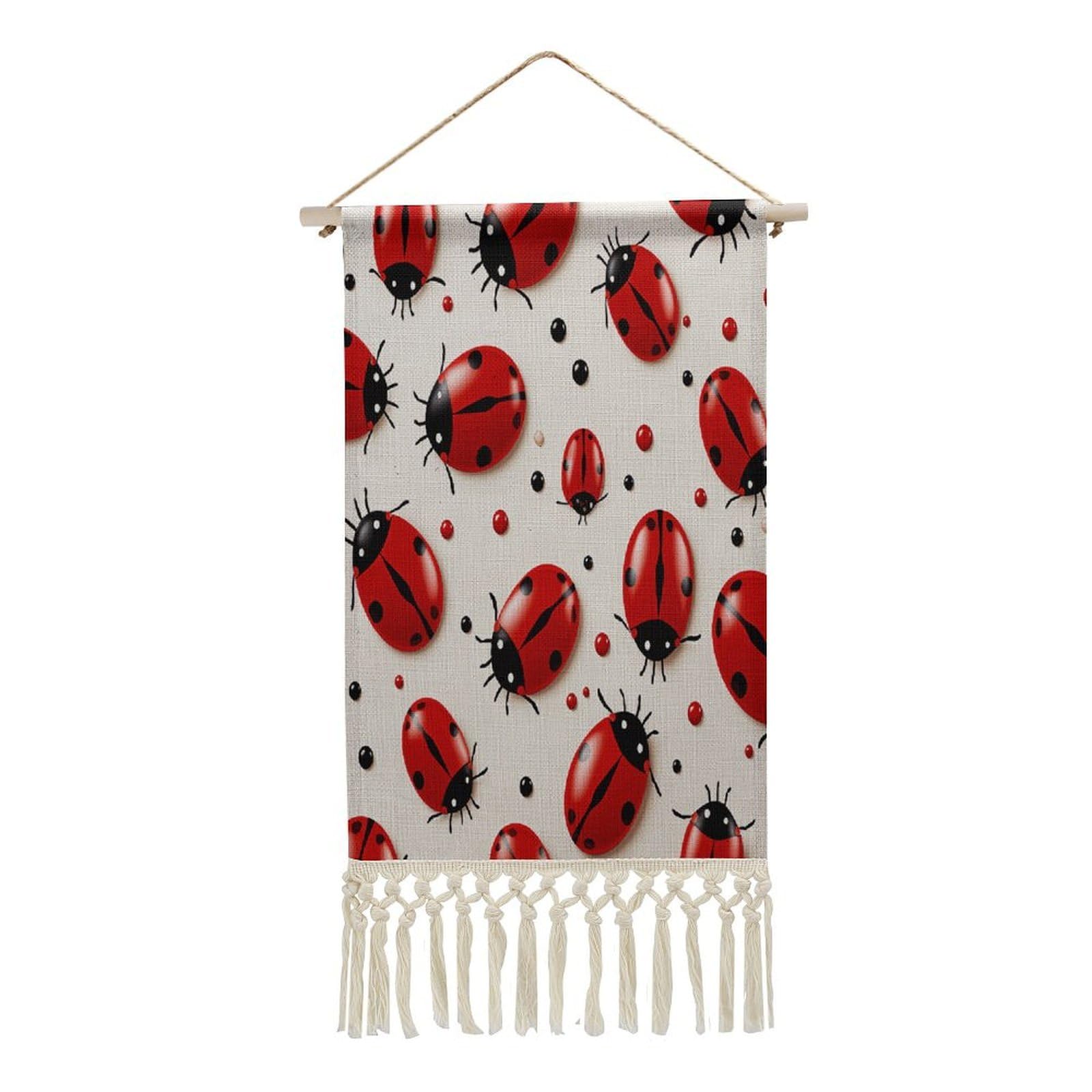 VstaDank Red Ladybug Wall Art Decor with Tassels 20"x10" Cotton Linen Hanging Tapestry Decor Wall Art Prints Wood Frame Boho Wall Art Poster for Bedroom Living Room Office