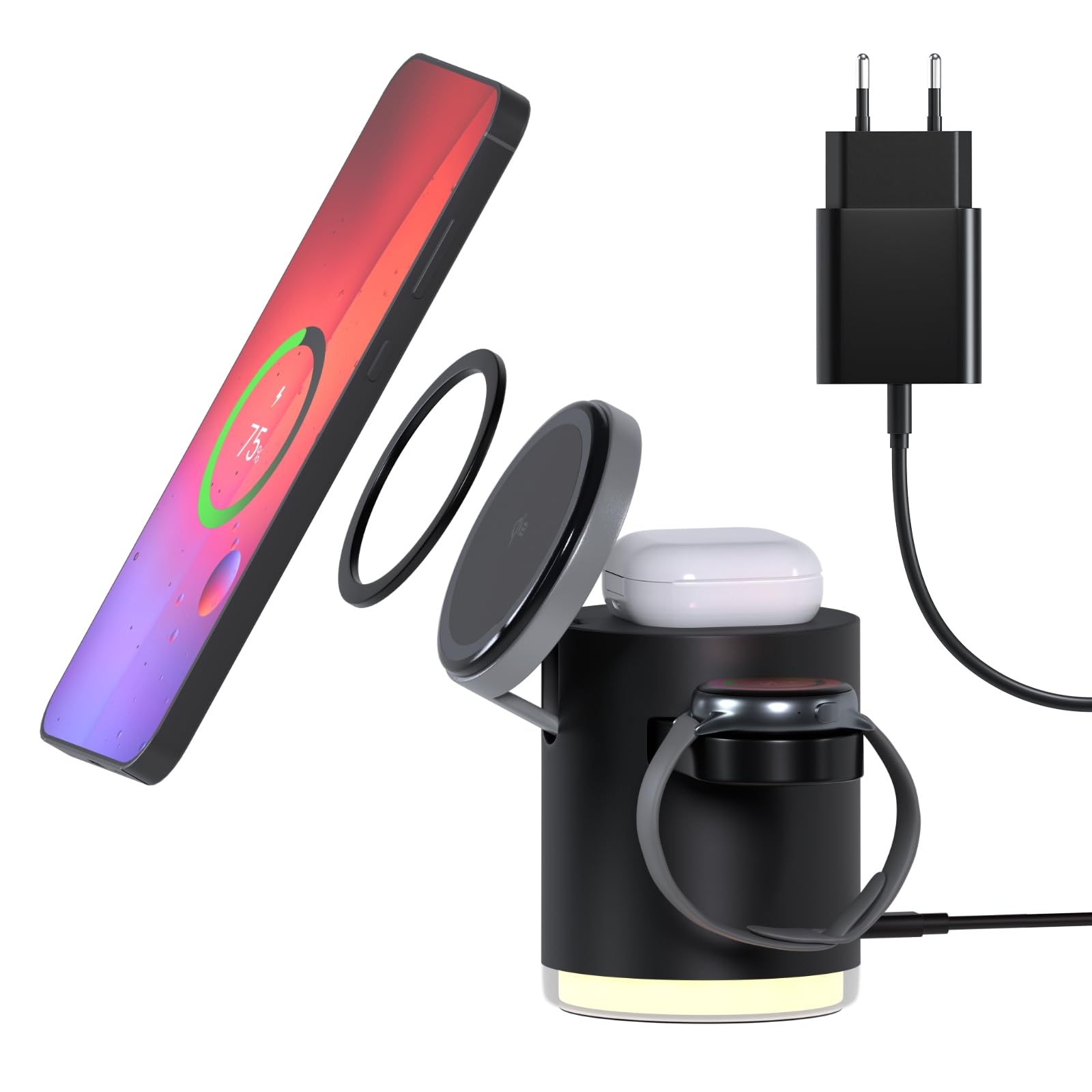Caricatore Wireless Stazione per Samsung di MMOBIEL – 4 in 1 Supporto Magnetico di Ricarica Rapido Certificato Qi2 per Samsung Galaxy S25/S24/S23/S22, Watch 7/6/5, Buds – Incl. 25W Adattatore - Nero