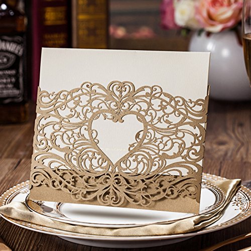 Wishmade Gold Heart Laser Cut Wedding Invitations Cards Kits 50 Pieces Elegant Floral Paper Invites For Marriage Cardstock Engagement Birthday Bridal Shower (Gold) #TOP1