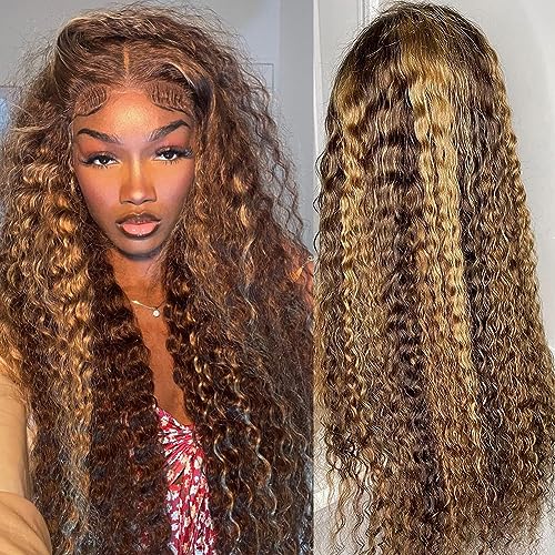 Image of bangjazz 28 Inch Deep Wave Lace Front Wigs Human Hair 180% Density Highlight Ombre 13x4 Lace Frontal Wigs Human Hair HD Lace P4 /27 Wigs for Black Women Human Hair Pre Plucked Curly Lace Front Wig