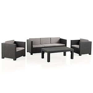 SP Berner - Set de Muebles de Jardín y Terraza Diva Tropea Color Grafito - Sofá 3 Plazas, 2 Sillones y Mesa de Centro - Fabricado en España con Plástico Reciclado