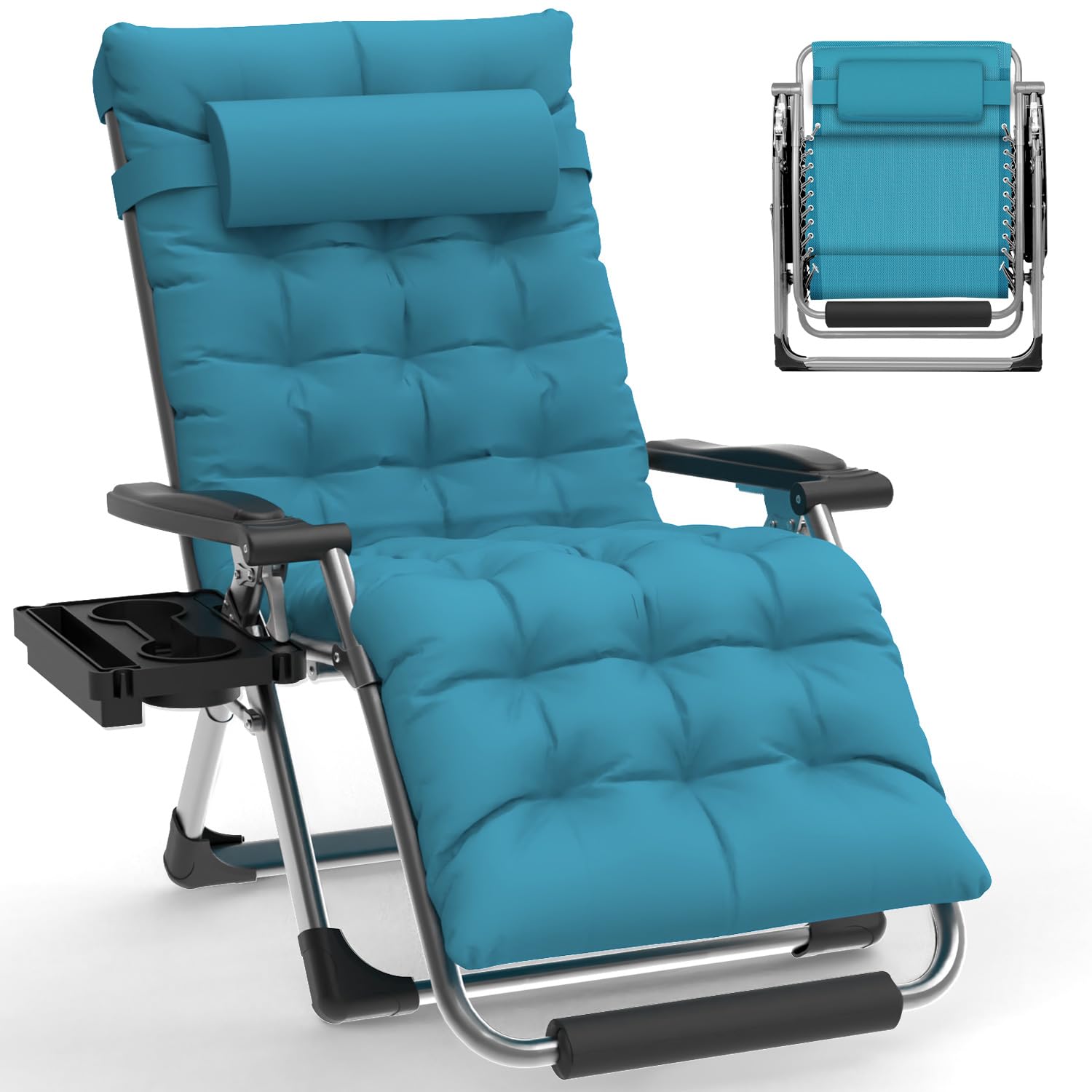 Slendor Oversized Zero Gravity Chairs XL, 29IN Padded Anti Gravity Chair, Zero Gravity Lounge Chair, Folding Reclining Patio Chair w/Aluminum Alloy Lock, Headrest, Cup Holder, Light Blue